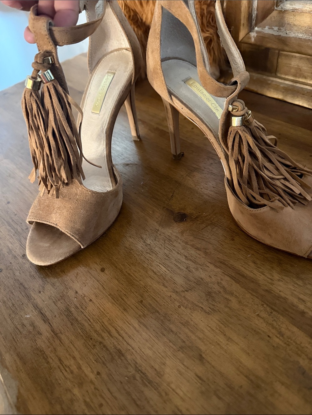 Suede Tassel Ankle-Strap Heels in Tan